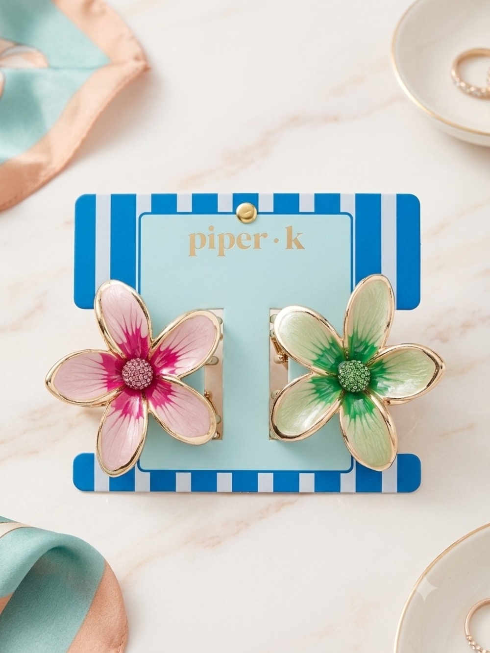 Piper K Floral Clip-On Hair Clips in Pink & Green NEW